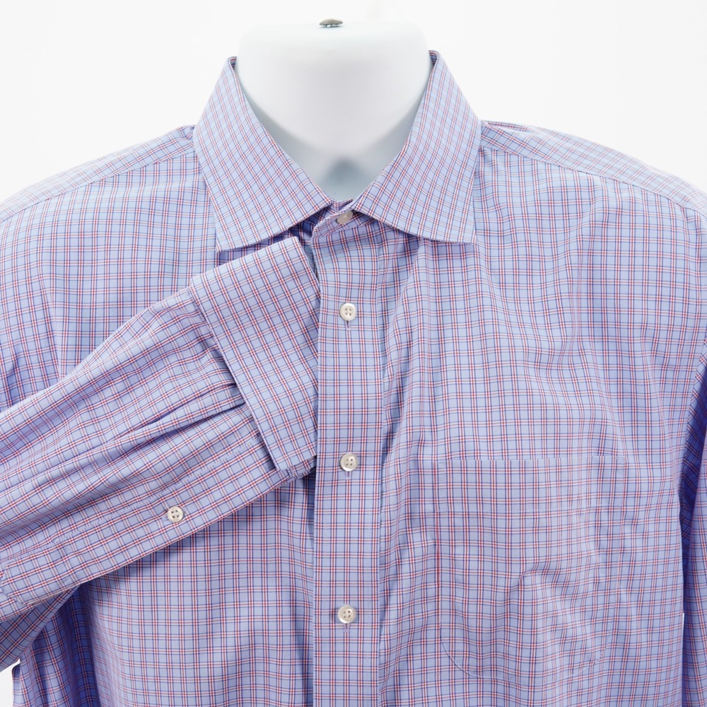 Jos A Bank Executive Men's Blue Red Check Cotton Collared Dress Shirt 16.5 / 34